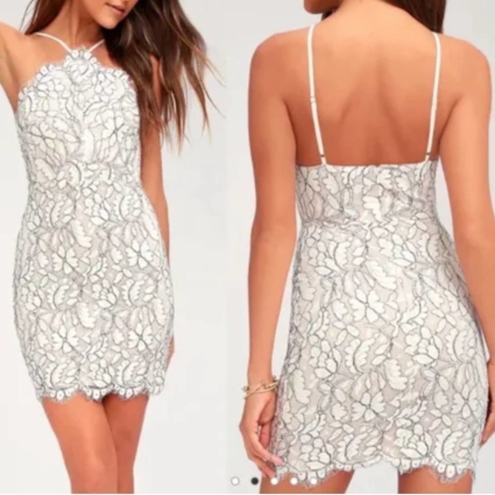 Lulus Delicate Darling Beige and Ivory Lace Bodycon Dress
